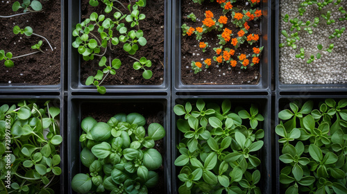 variety of potted plants with different types of foliage and flowers, arranged closely together, creating a lush display of greenery and color.