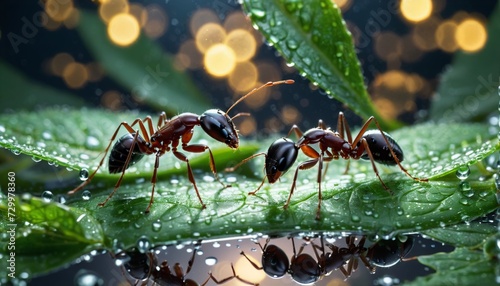 Close-up of ants or ant on a leaf in the wonderful green nature in sunlight on a meadow - ai generated photo