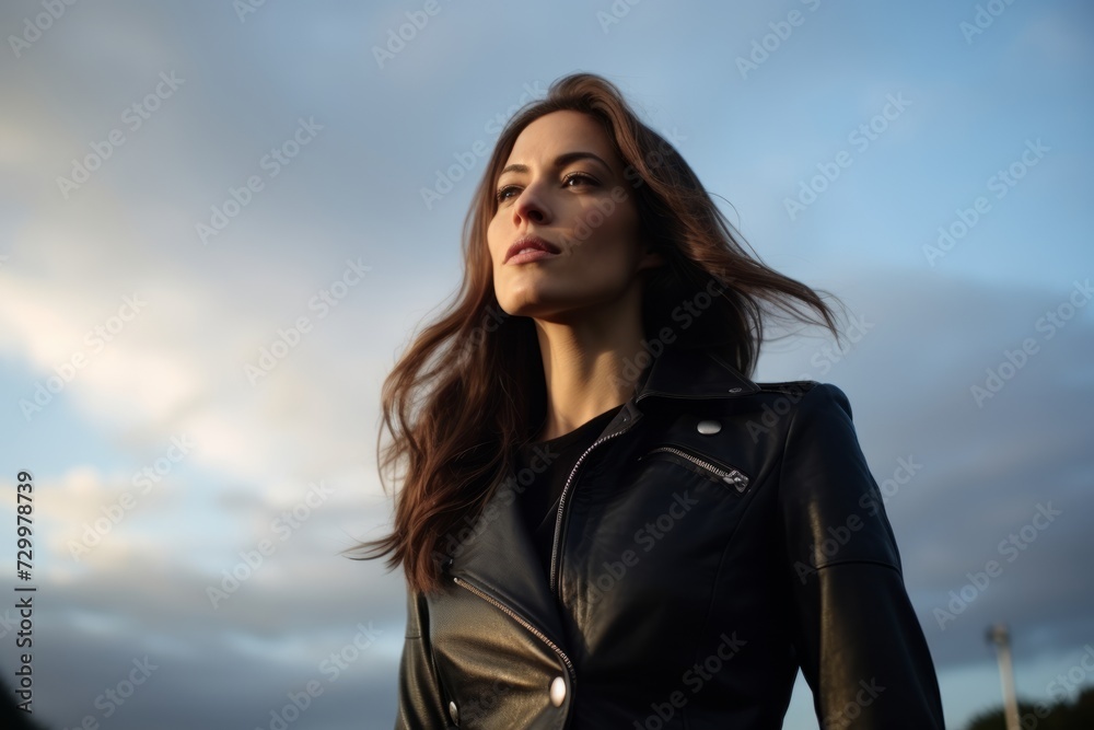 Portrait of a beautiful young brunette woman in a leather jacket on the background of the cloudy sky