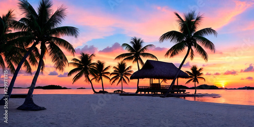 A tranquil tropical island with a picturesque beach by the sea. Generative AI © Olga Khoroshunova