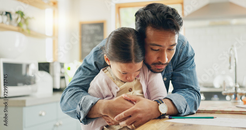 Care, advice and father with girl for support with hug for upset youth with communication in home. Parent, talking and kid who is sad in kitchen with love or discipline with comfort for young person. photo