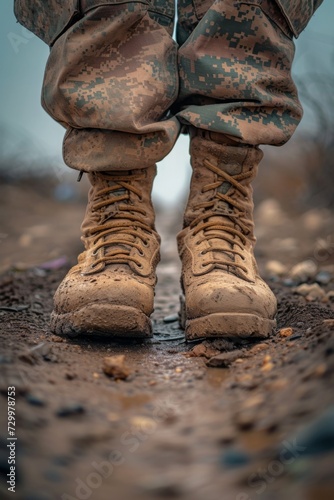 Military man's feet in combat boots