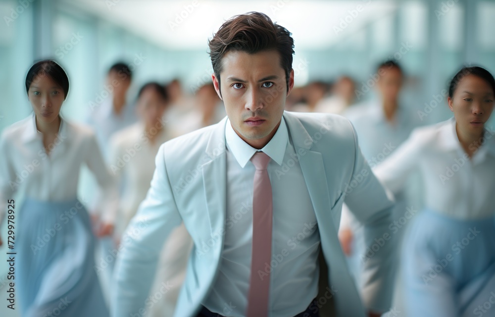 Handsome businessman with business bag hurrying through the office hall. Handsome businessman with business bag hurrying through the office hall.