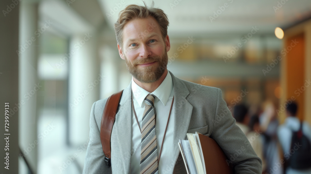 Naklejka premium smiling bearded man in a business suit with a tie, standing confidently in a classroom setting, implying he is a teacher or a professional educator.
