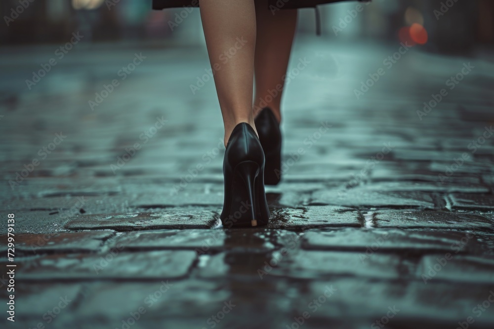Female legs in shoes walks along a city street - obrazy, fototapety, plakaty 