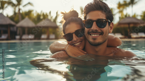 happy couple wearing sunglasses and smiling at the camera while embracing in a swimming pool on a sunny day with palm trees in the background. photo