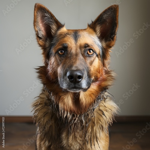 Portrait of a German Shepherd with an attentive gaze on a neutral background.
Concept: veterinary clinics and articles about pets, educational materials about dogs, advertising of pet products