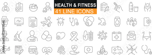 Health and Fitness, 41 outline icons, vector illustration. Perfect for wellness, exercise, gym activities, web design, app development, health promotion content