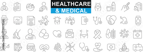 Healthcare & Medical vector icon set. Includes doctors, nurses, medical equipment, treatments, emergency services. Perfect for web design, app development