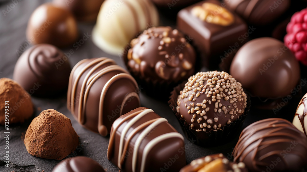 chocolate candies with various fillings, sweet food background. Made with generative ai