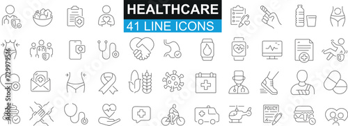 Healthcare, medical, doctor, nurse, hospital, equipment, vector set, outline style icons collection. Ideal for web design, app UI, digital marketing. Includes heart, brain, pill, syringe, ambulance