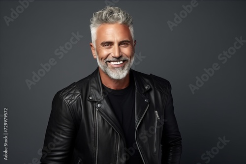 Portrait of a handsome mature man in black leather jacket and white beard.