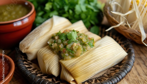 Close up sweet corn and chicken Tamales traditional Mexican dish, Generative Ai