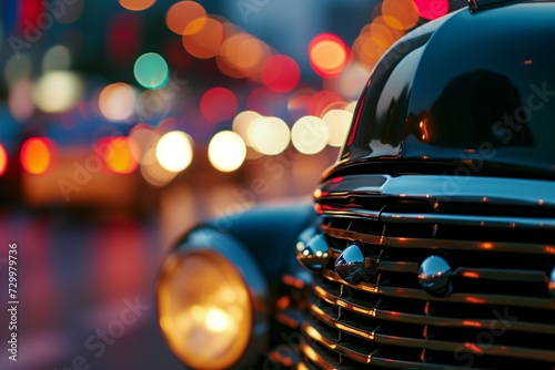closeup of classic car grill with blurred city traffic © studioworkstock