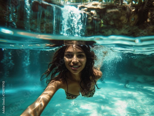 underwater shot of a Gorgeous with dark hair, She's and is swimming towards the viewer in a crystal clear pool at jungle waterfall
