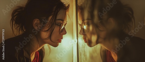 a girl looking into the mirror at her self reflection, idea for self-awareness, self-recognition concept, Generative Ai photo
