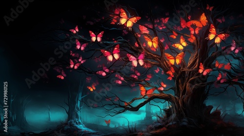 Withered Tree Blooming With Neon Butterflies