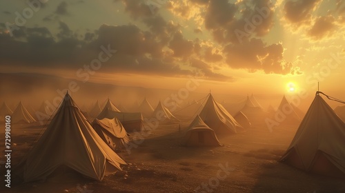 Fotografering ancient Israelis people live in tent  during wandering in desert, big cloud shad
