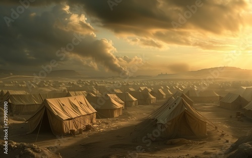 ancient Israelis people live in tent  during wandering in desert, big cloud shade over the camp, old testament believer concept theme, Generative Ai photo