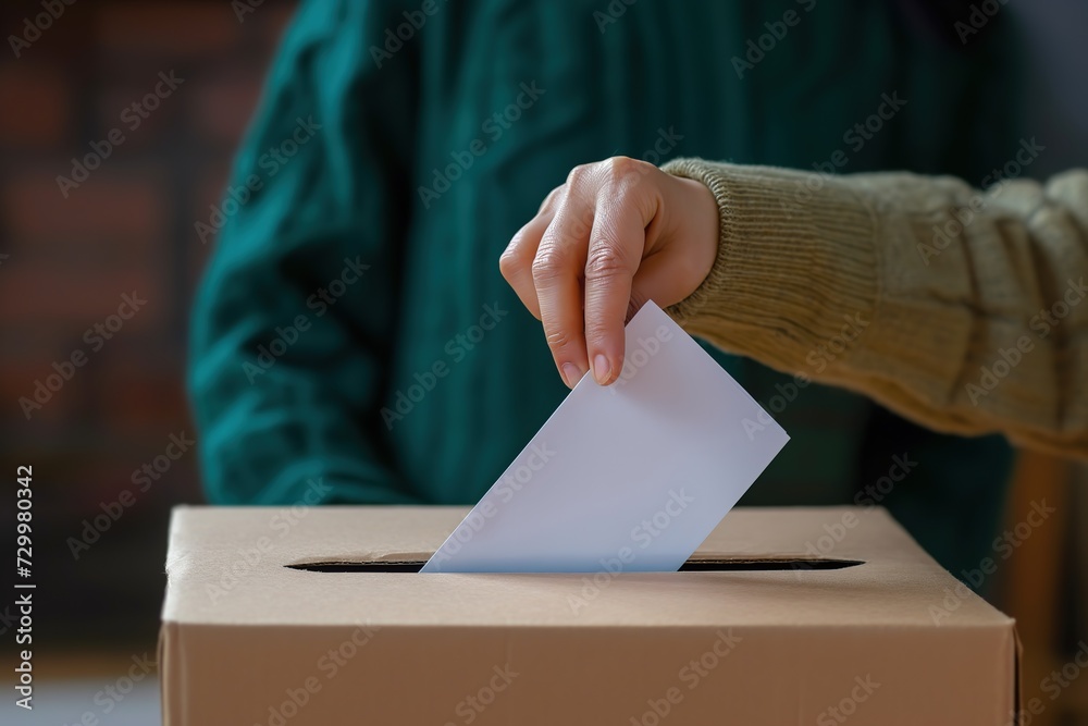 closeup a man hand holding vote paper insert in box, idea for political election voting, Generative Ai closeup a man hand holding vote paper insert in box, idea for political election voting, Generative Ai