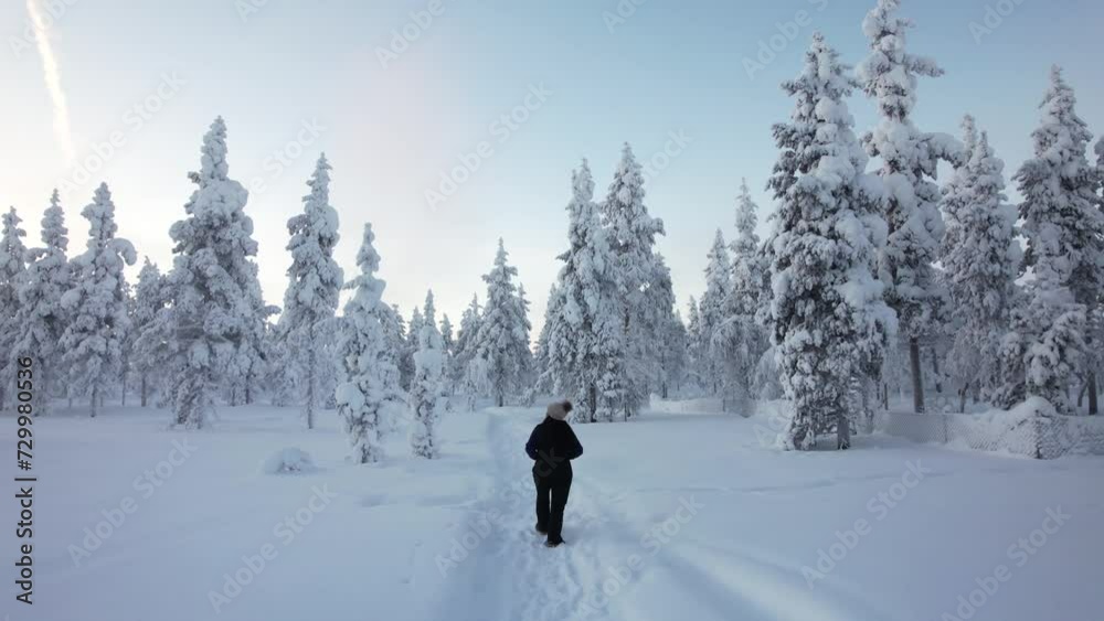 Young Girl Exploring Scenery In Snowy Forest In Lapland, Finland, Arctic Circle Young Girl Exploring Scenery In Snowy Forest In Lapland, Finland, Arctic Circle