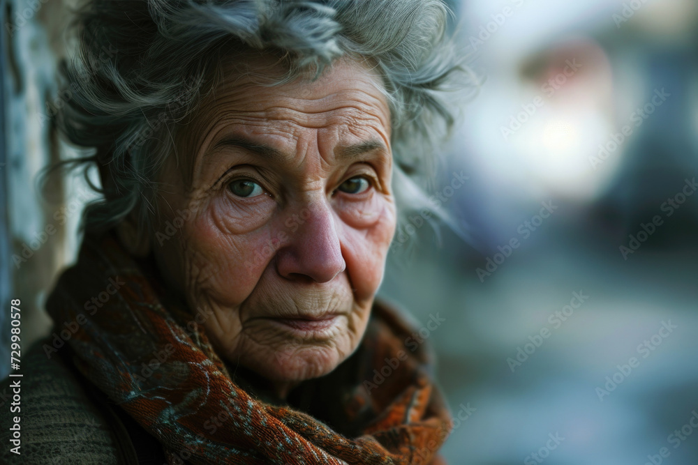 Aged woman with silver hair and a thoughtful gaze, wrapped in a scarf, personifying life's depth and stories untold.