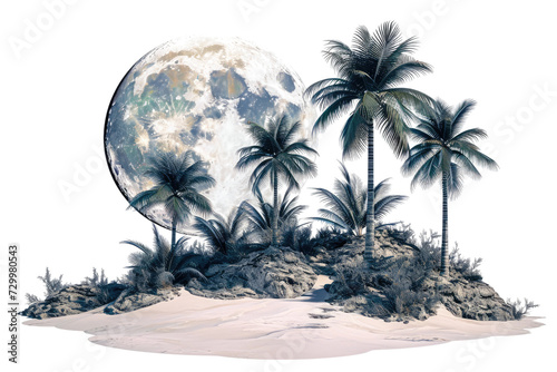 Moonlit Desert Oasis with Palm Trees Isolated on Transparent Background