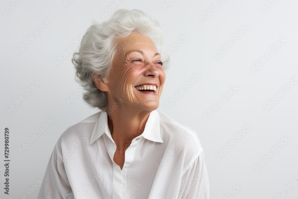 Portrait of happy senior woman laughing and looking at camera against grey background