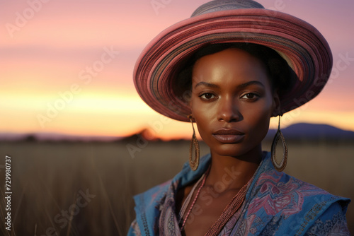 Elegant woman in a striped hat, sunset on the savannah behind, embodying grace and natural beauty.