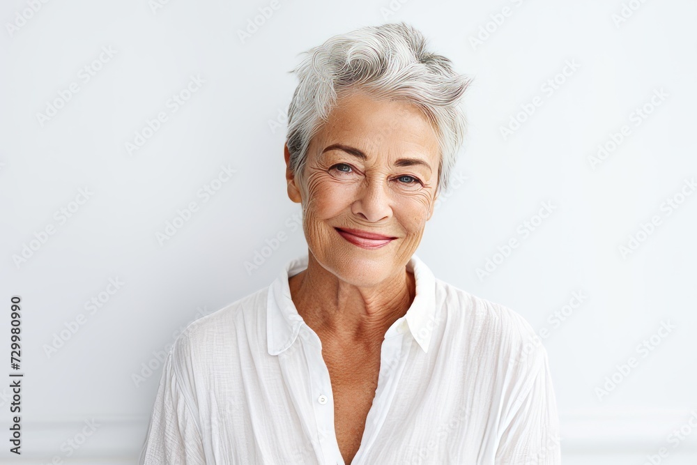 smiling senior woman with grey hair and white shirt over white background
