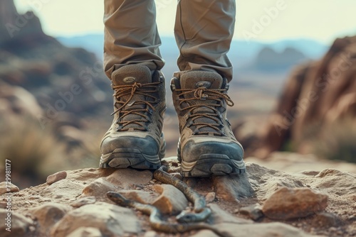 Legs in hiking sandals on desert landscape