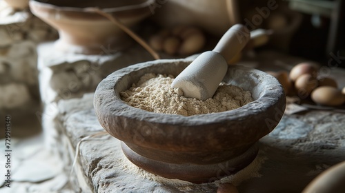 flour in mortar prepare to make homemade dough, traditional vintage kitchen, Generative Ai