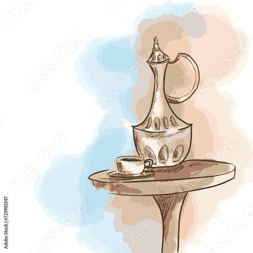 Arabian coffee pot on isolated background and on wooden table 