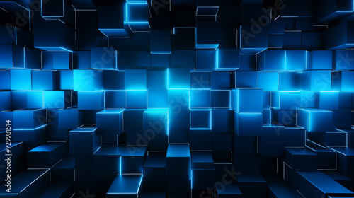 3d glowing blue cubes metal pattern. Futuristic high-tech metallic texture abstract background design for tech companies. Geometrical technological backdrop textured wallpaper patterned