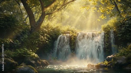 Hidden waterfall tucked away in a secluded forest, background image, generative AI