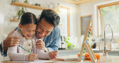 Homework, father and girl with education, teaching and conversation with support, excited and knowledge. Female child writing, student and proud dad with a kid, kitchen and learning with development photo