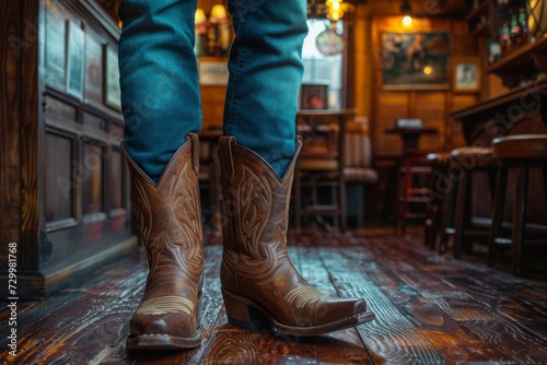 Man legs in cowboy boots in a western saloon