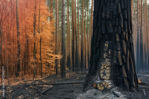 A contrasting scene where the charred remains of a once lush forest are juxtaposed against the backdrop of surviving, vibrant trees, reminding us of nature's cycle of destruction and regeneration. photo