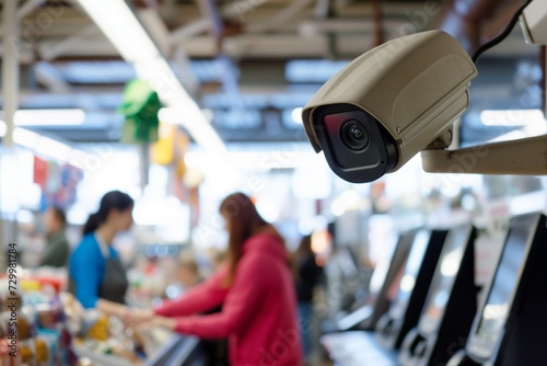 cctv camera overseeing a selfcheckout area with customers scanning items © studioworkstock