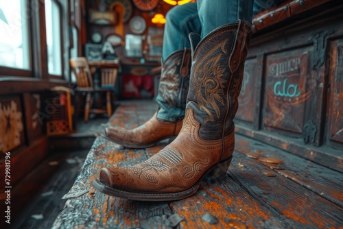 Man legs in cowboy boots in a western saloon