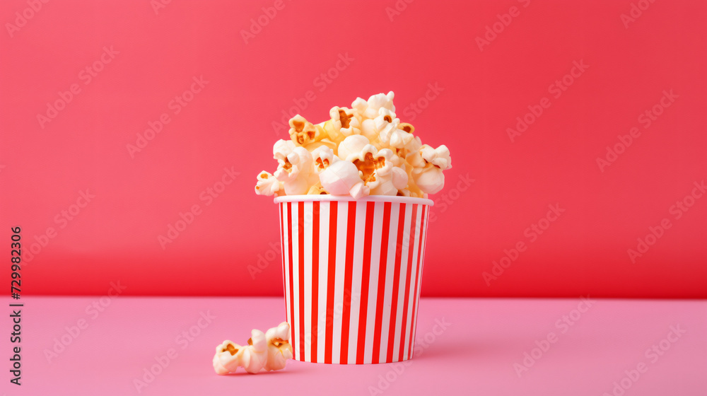 Paper cup of colorful sweet popcorn on pink background