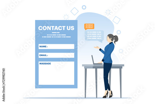 Contact Us concept for Web and Landing Pages. Female Customer Service Agent with Headset Talking to Client. Online Customer Support and Helpdesk Concept. Flat Cartoon Vector Illustration.