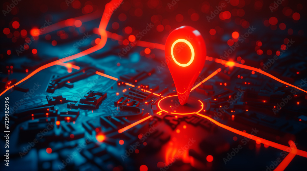 A glowing red marker stands out on the digital map, marking your destination A glowing red marker stands out on the digital map, marking your destination