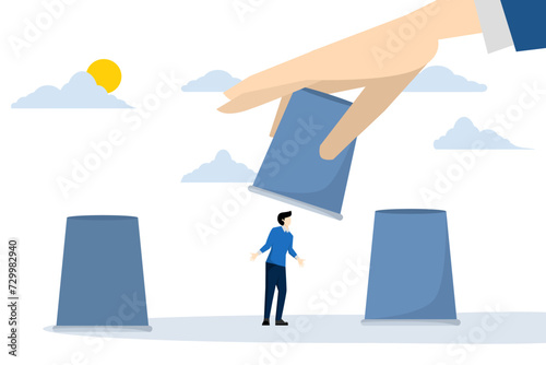 human resources candidate selection, HR, career choice or hiring manager and job concept, employer hand raises selected cup to select potential employer from cup guessing game. vector illustration.