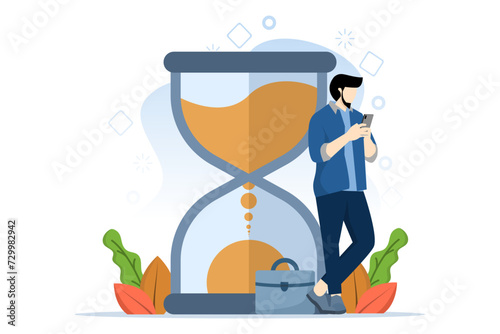 Time management concept. The character looks at the hourglass and tries to organize and organize work and life time. Isolated flat cartoon vector illustration.