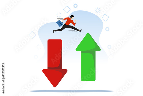 Concept of Financial Plan, savings and investment or stock market rebound and economic recovery, businessman investor confidence soaring from red arrow pointing to green. flat vector illustration.