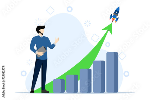 Exponential growth concept. Business sale, investment, wealth or income increase profit increase concept graph, financial report chart with exponential arrow flying rocket.