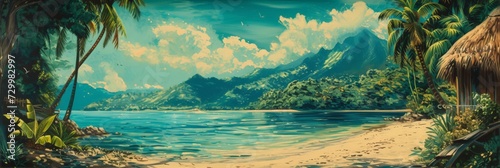 South Seas Scene as a Vintage Tiki Canvas Painting Background created with Generative AI Technology