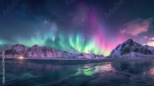 Views of vast snowy mountains under a dazzling display of the Aurora Borealis with a spectrum of brilliant colors