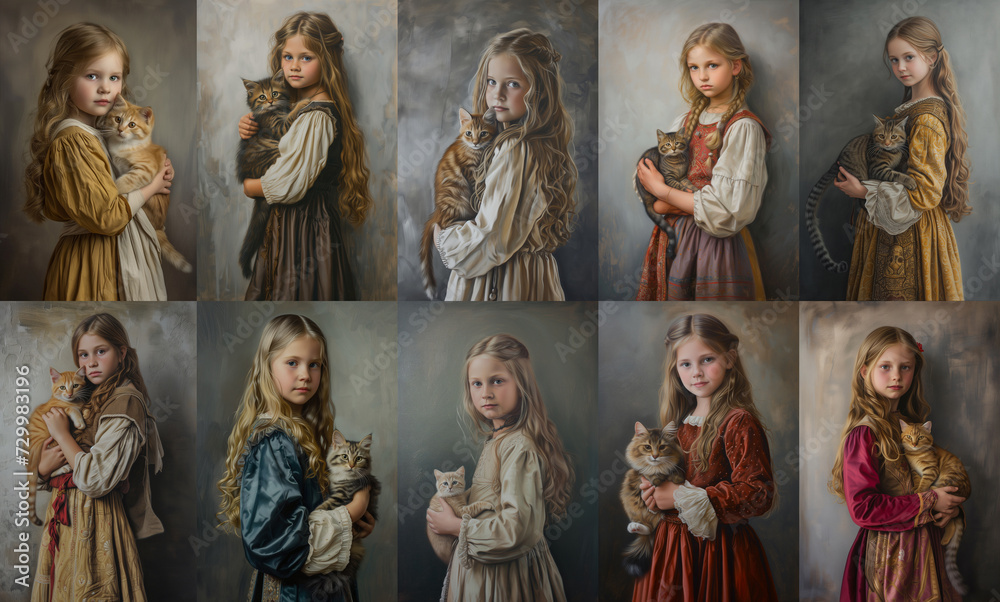several little girls holding a cat, oil painting style. generated by ai